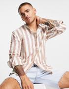 Bershka Striped Linen Shirt In Camel-blue