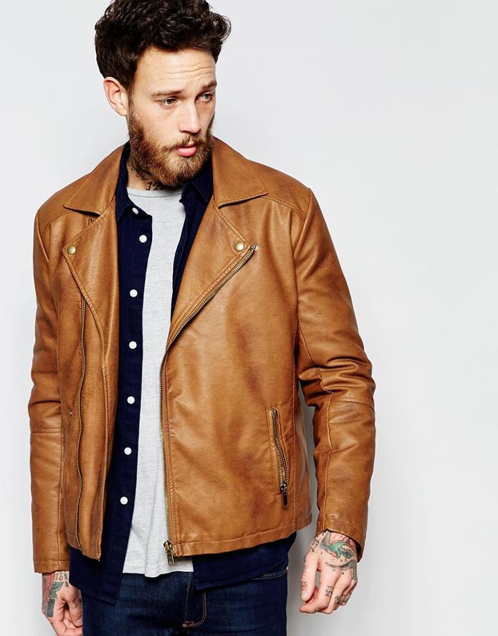 Asos Faux Leather Biker Jacket In Tan - Brown