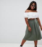 Asos Design Curve Midi Skirt With Box Pleats In Khaki - Green
