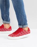 Bershka Plimsole Sneaker With Slogan Print In Red - Red