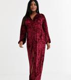 Asos Design Curve Long Sleeve Button Through Velvet Maxi Dress-red