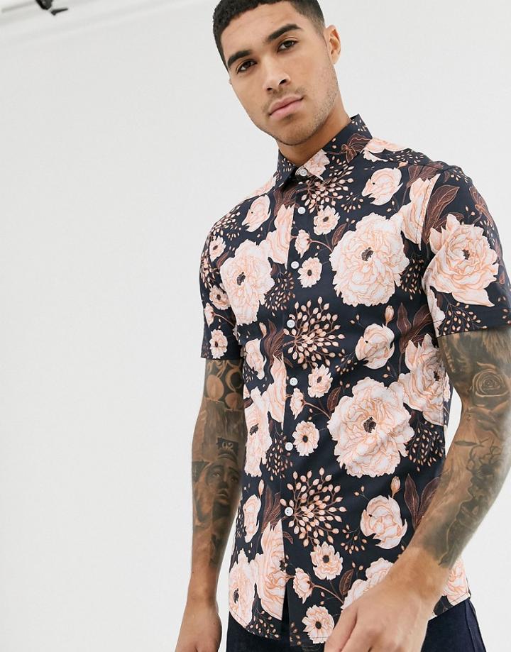 Asos Design Skinny Floral Shirt In Black