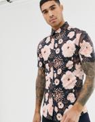 Asos Design Skinny Floral Shirt In Black