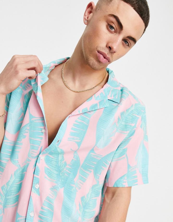 New Look Short Sleeve Shirt With Leaf Print In Pink