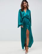 Asos Design Kimono Sleeve Maxi Dress With Twist Detail - Green