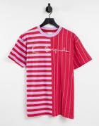 Karl Kani Spliced Oversized T-shirt In Pink Stripe With Logo-red