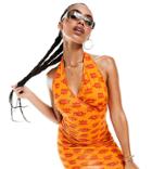 Asyou Printed Halter Neck Mini Dress In Orange-multi