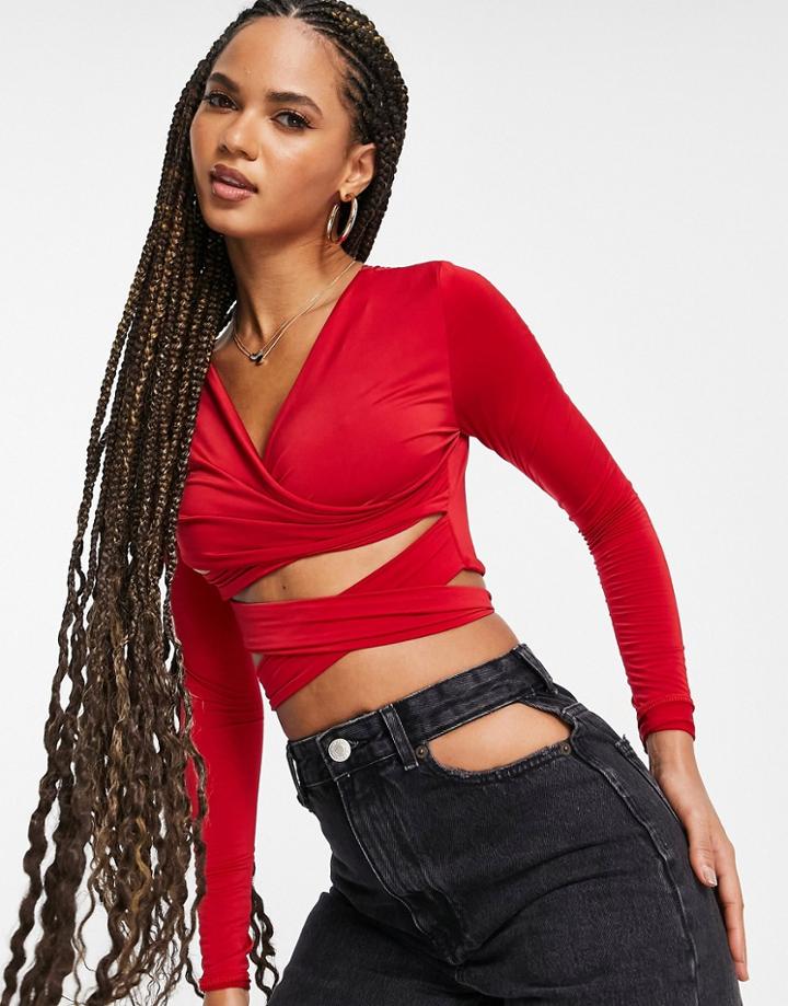 Club L London Slinky Tie Up Long Sleeve Crop Top In Red
