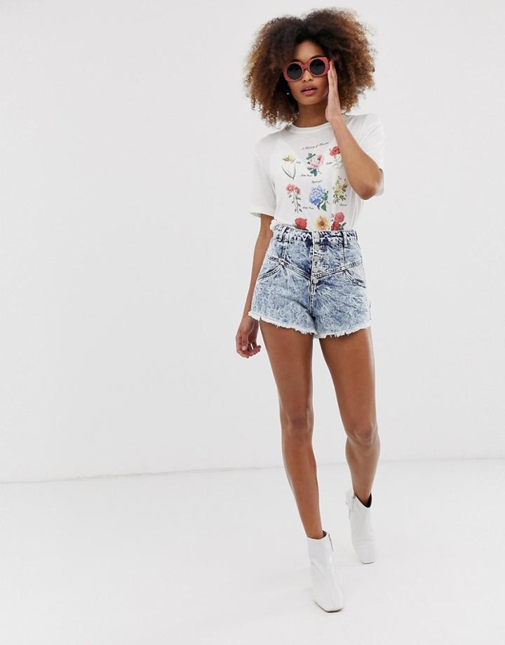 Neon Rose High Waist Denim Shorts In Acid Wash - White