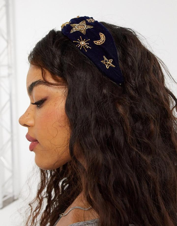 Asos Design Knot Headband With Celestial Embellishment In Navy Blue-blues