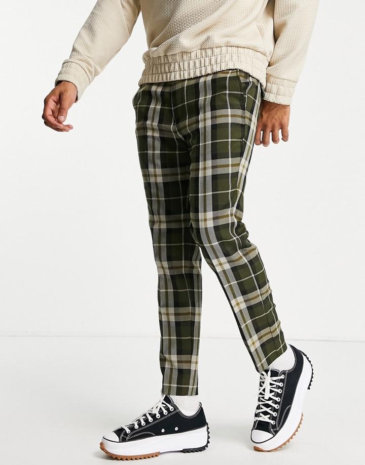 Topman Skinny Oversized Plaid Sweatpants In Khaki-green