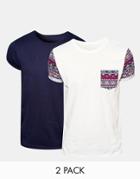 Asos T-shirt With Aztec Pocket And Roll Sleeve And Plain Roll Sleeve T-shirt 2 Pack Save 15% - Multi