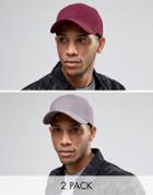 Asos 2 Pack Baseball Cap In Gray And Burgundy Save - Multi