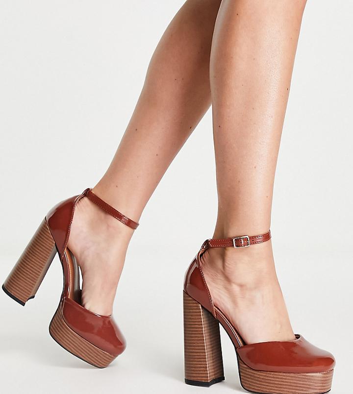 Asos Design Wide Fit Priority Platform High Heeled Shoes In Tan-brown