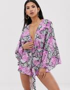 Asos Design Glam Kimono Sleeve Beach Romper In Pastel Neon Snake Print - Multi