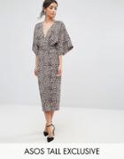Asos Tall Plunge Kimono Dress In Animal Print - Brown