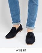 Asos Wide Fit Tassel Loafers In Navy Suede With Fringe And Natural Sole - Navy