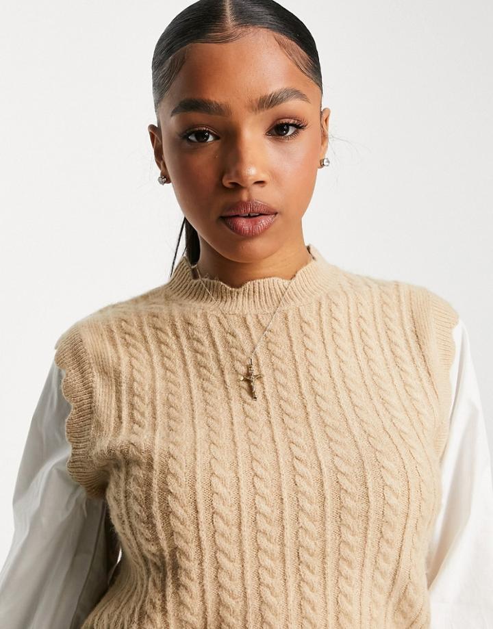 Miss Selfridge Camel Cable Knit Vest 2 In 1 Shirt-neutral