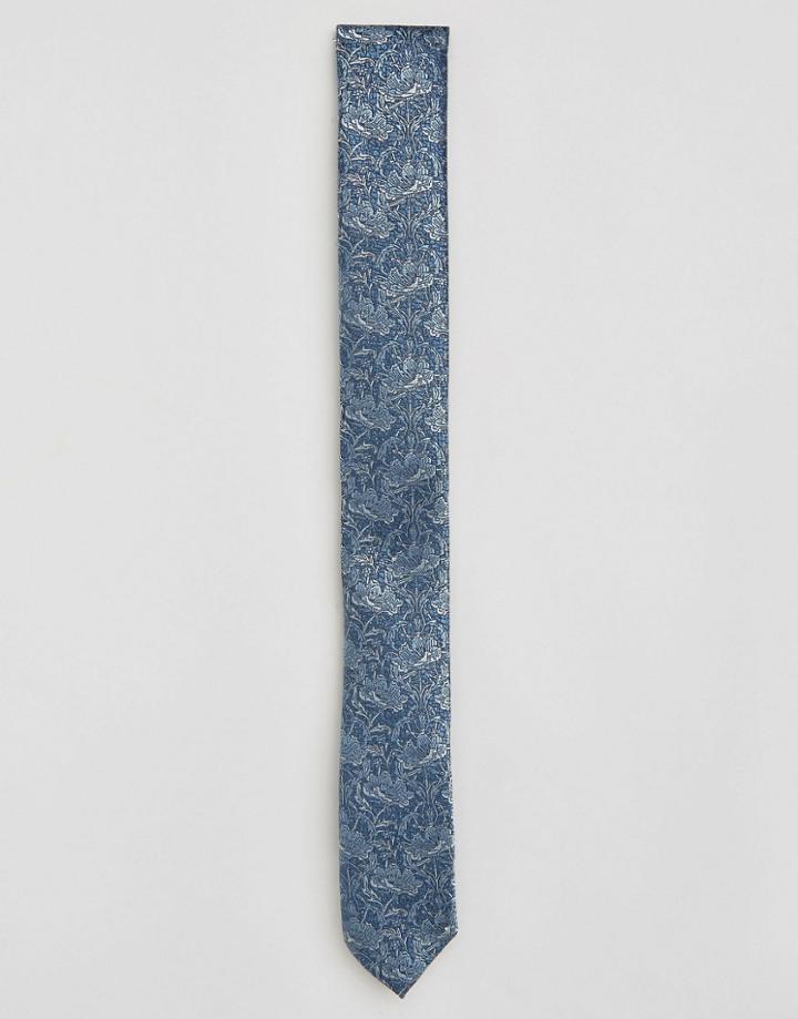 Asos Slim Tie With Jacquard Floral Design In Blue - Blue
