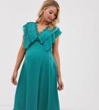 Asos Design Maternity Double Layer Pleat Sleeve Midi Dress With Scallop Trim - Blue