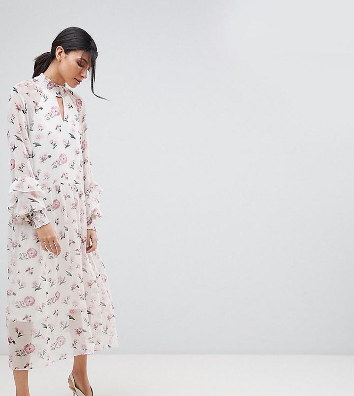 Y.a.s Tall Floral Print Button Down Midi Dress In Orange-multi