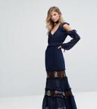 Dark Pink Printed Maxi Dress With Lace Insert - Navy