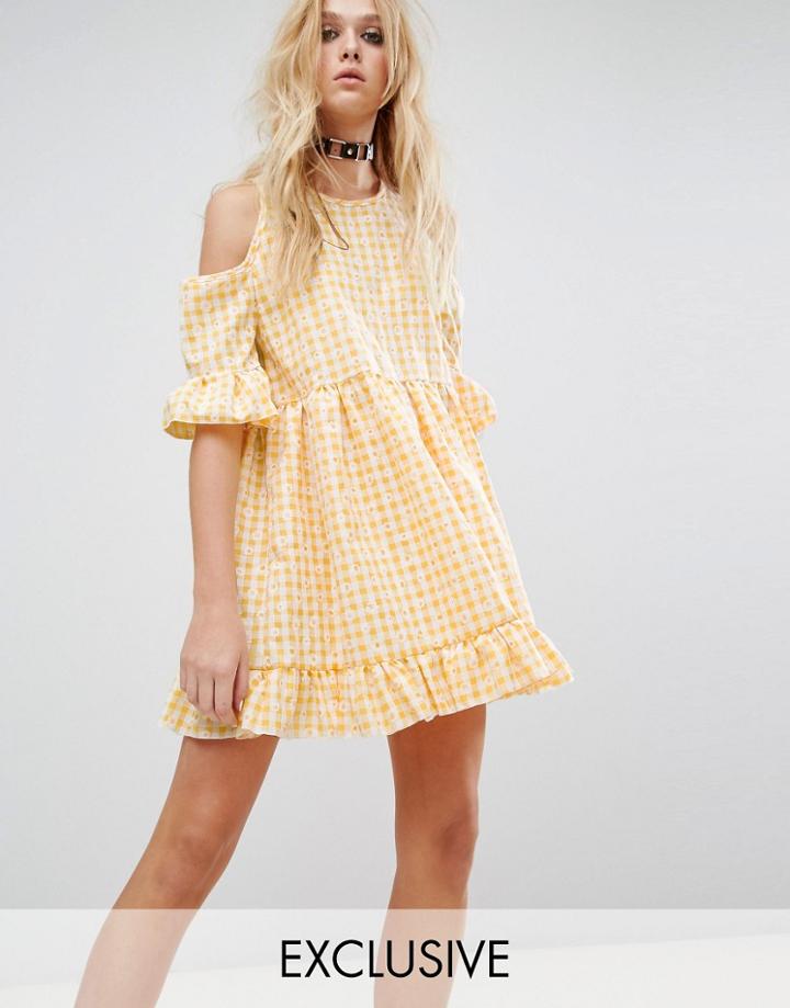Milk It Vintage Cold Shoulder Dress In Floral Gingham - Yellow