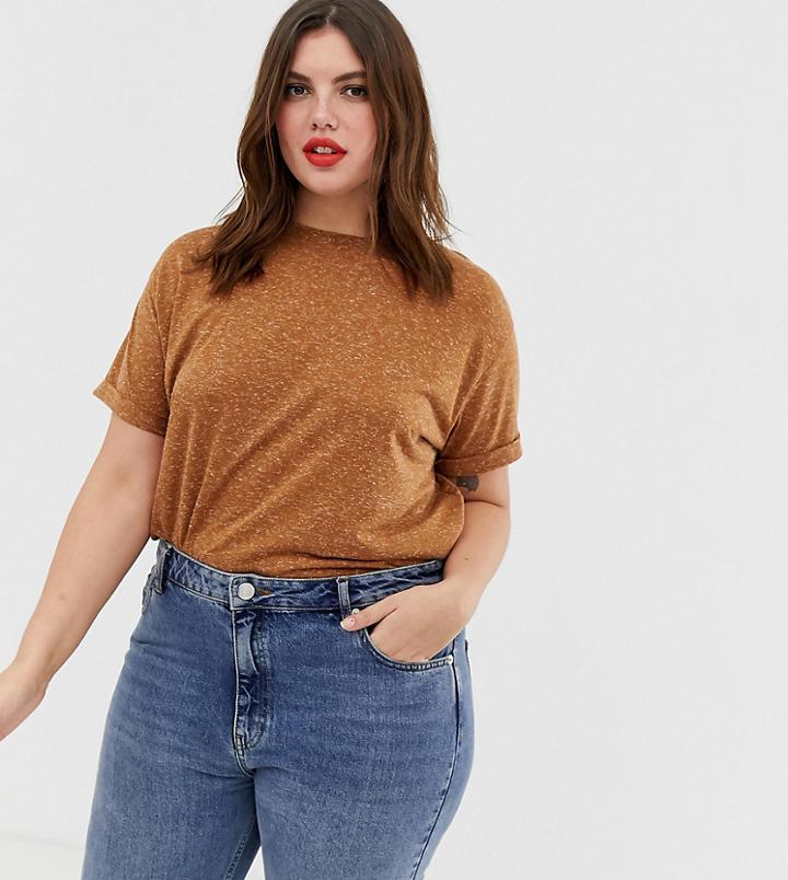 Asos Design Curve T-shirt With Roll Sleeve In Linen In Brown - Brown