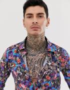 Devils Advocate Slim Fit Cotton Tropical Print Long Sleeve Shirt - Navy