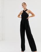 Na-kd Wide Leg Cross Neck Jumpsuit In Black - Black
