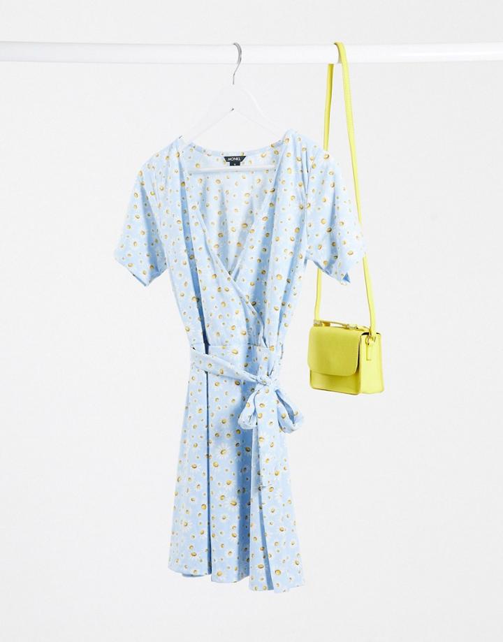 Monki Nora Dress With Daisy Print In Blue-blues