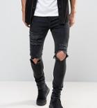 Mennace Muscle Fit Skinny Jeans With Distressing In Black Wash - Black