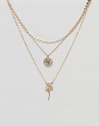 Asos Vintage Style Rose And Coin Pendant Multirow Necklace - Gold