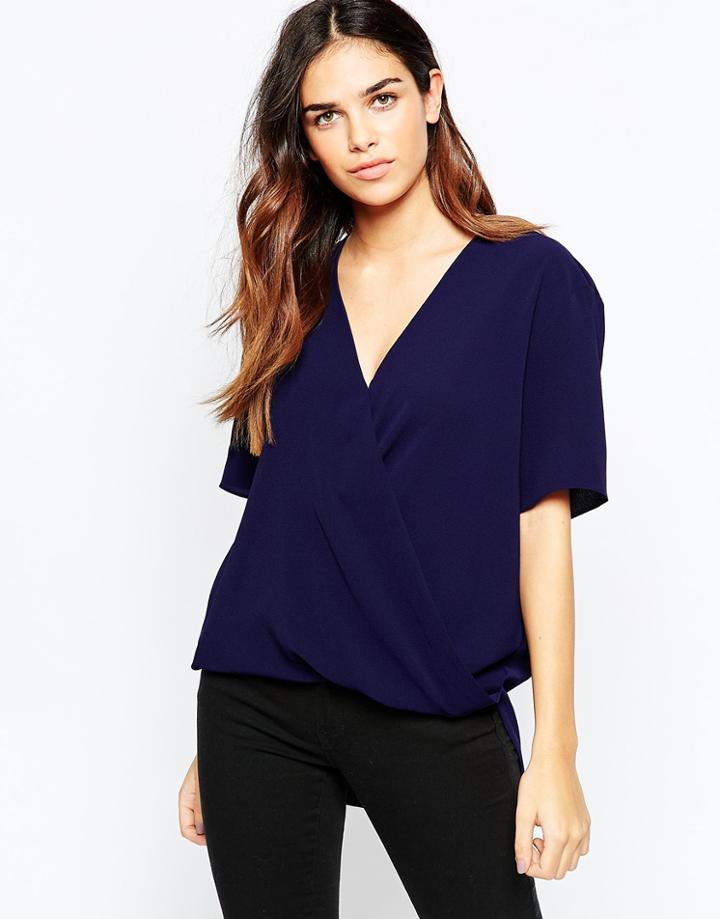 Asos Short Sleeve Drape Wrap Blouse - Navy