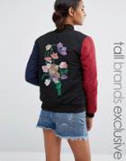 Daisy Street Tall Contrast Bomber With Floral Embroidery - Multi