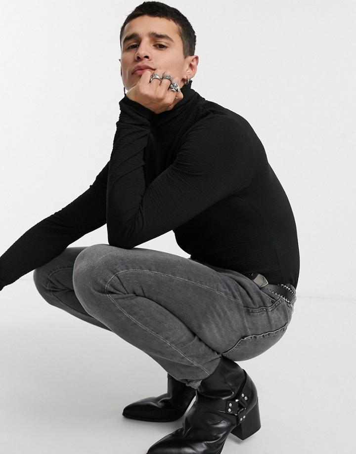 Asos Design Muscle T-shirt With Turtle Neck In Black Seersucker Fabric