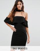 Parisian Tall Bardot Dress Wirth Frill Deail And Choker - Black