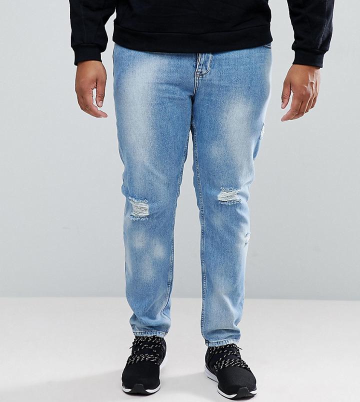 Asos Plus Slim Jeans In Vintage Light Wash With Bleaching And Rips - Blue