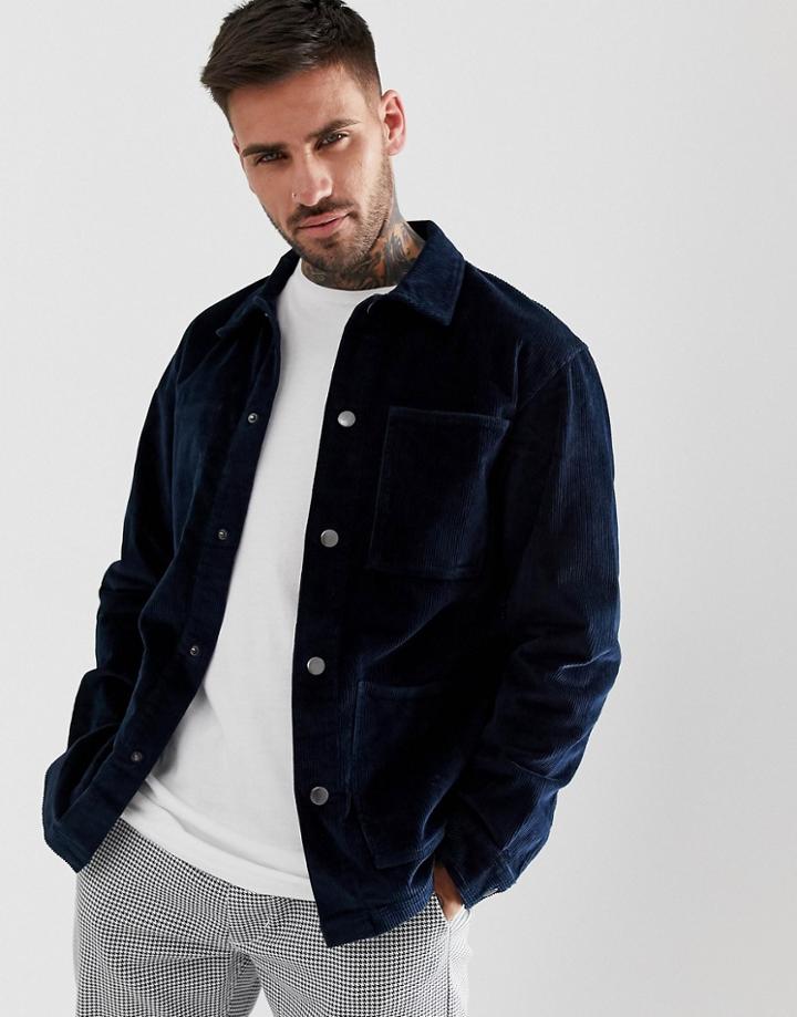Pull & Bear Cord Overshirt In Navy - Navy