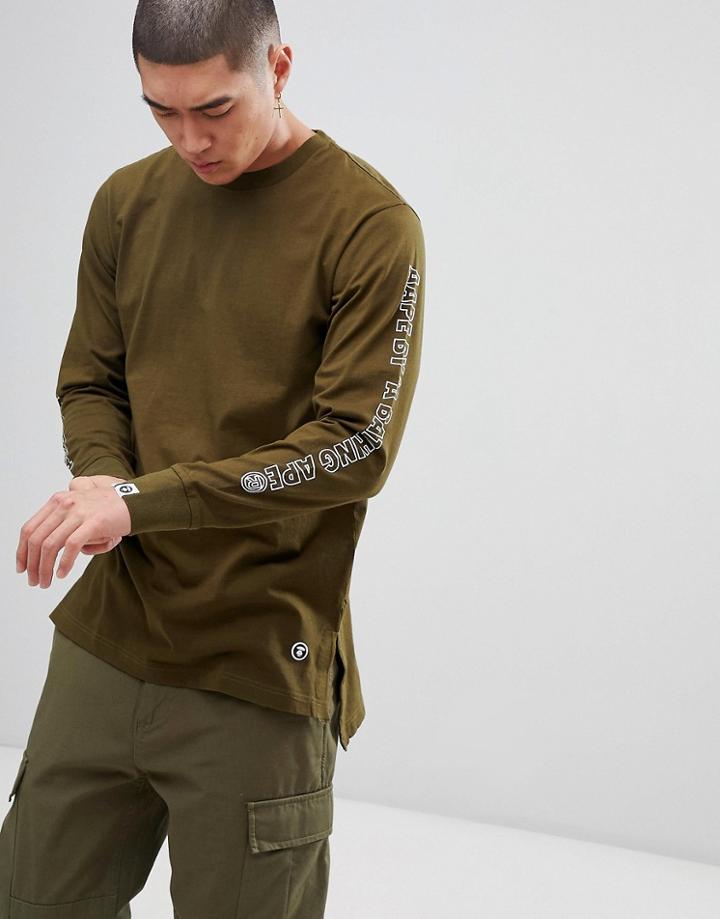 Aape By A Bathing Ape Longline Long Sleeve T-shirt With Sleeve Print In Green - Green