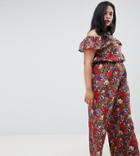 Nvme Floral Bardot Jumpsuit With Frill Detail - Red