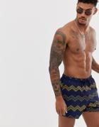 Asos Design Swim Shorts With Navy Chevron Stripe In Short Length - Navy