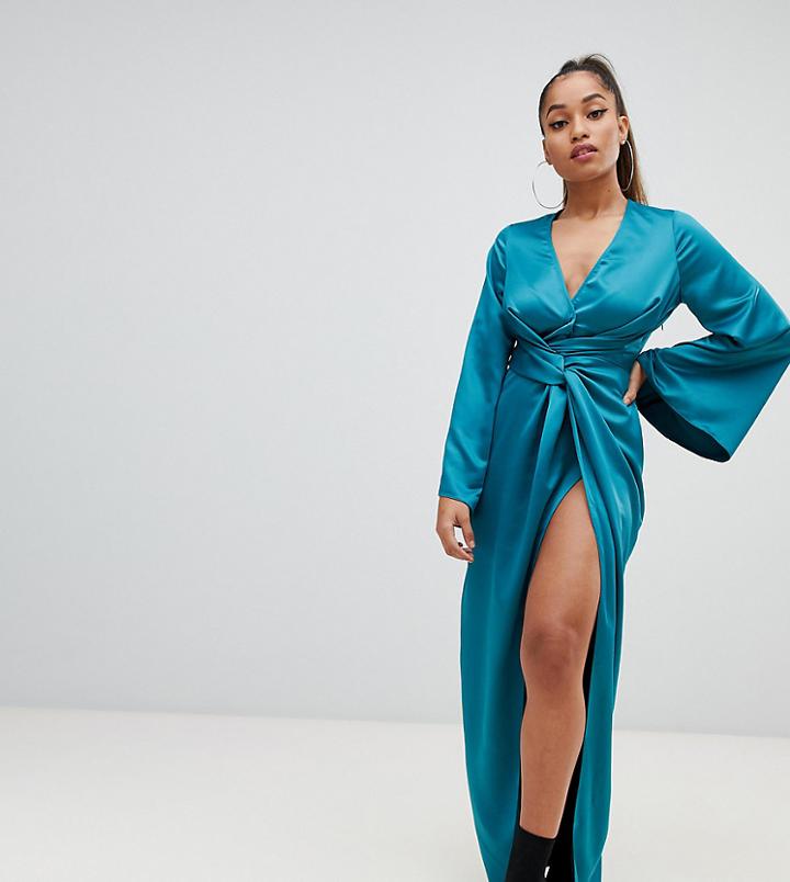 Missguided Petite Satin Twist Maxi Dress In Teal - Green