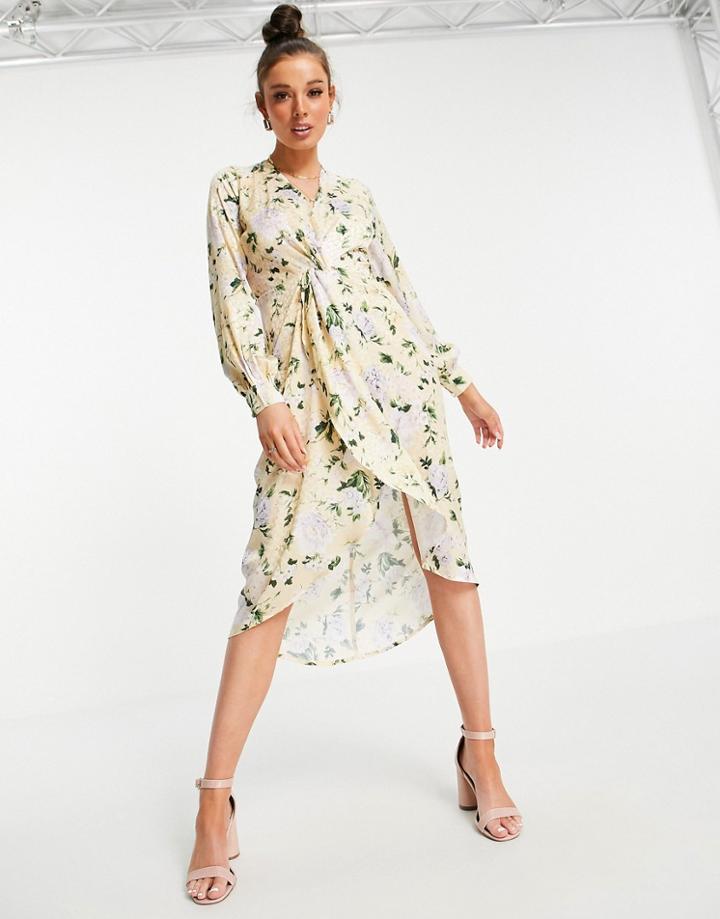 Hope & Ivy Long Sleeve Twist Front Kimono Midi Dress In Pastel Yellow Floral