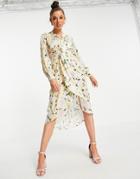 Hope & Ivy Long Sleeve Twist Front Kimono Midi Dress In Pastel Yellow Floral