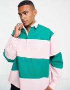 Asos Daysocial Boxy Oversized Rugby Shirt In Color Block-pink