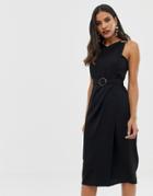 Asos Design Wrap Detail Midi Dress With Tortoiseshell Buckles-black