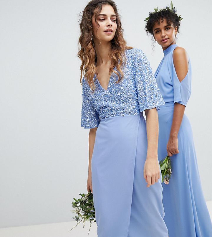 Maya Sequin Top Midi Pencil Bridesmaid Dress With Flutter Sleeve Detail - Blue