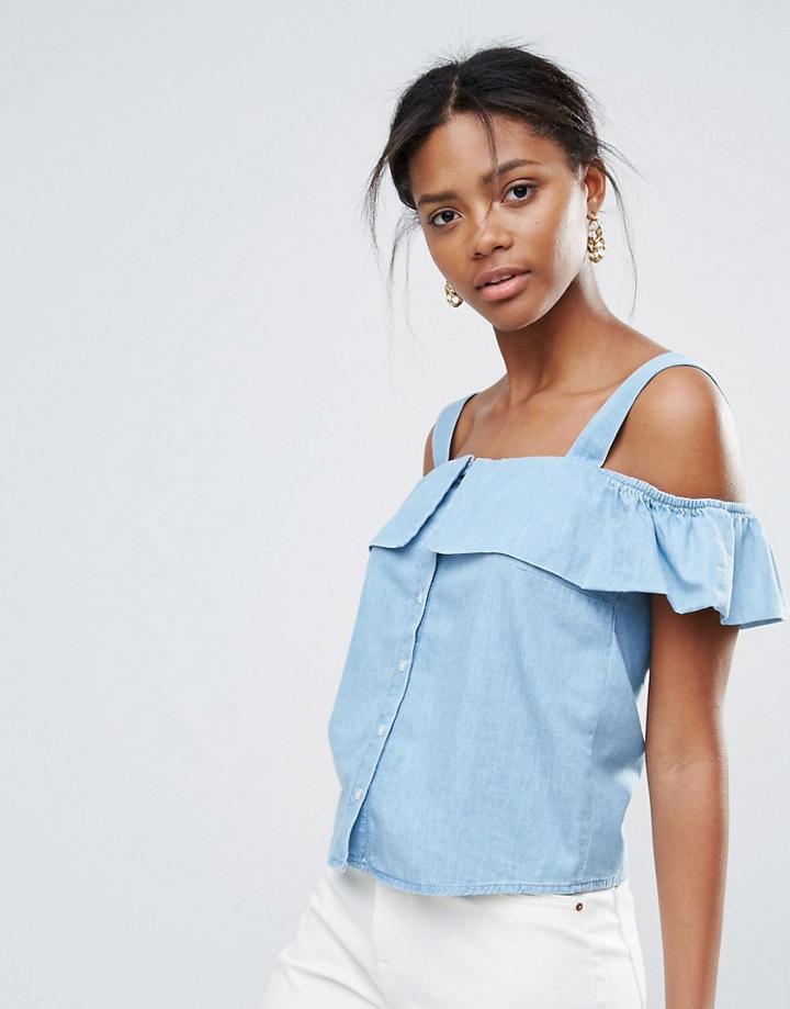 New Look Decontructed Cold Shoulder Denim Top - Blue