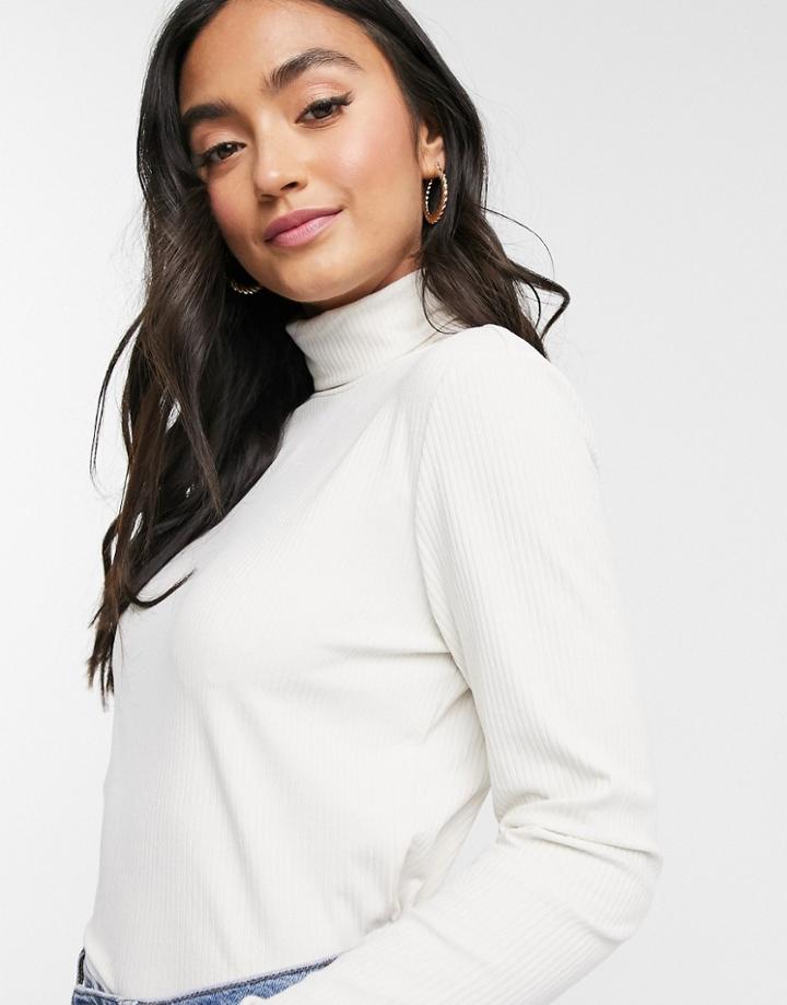 Vila Roll Neck Ribbed Top In Beige-neutral